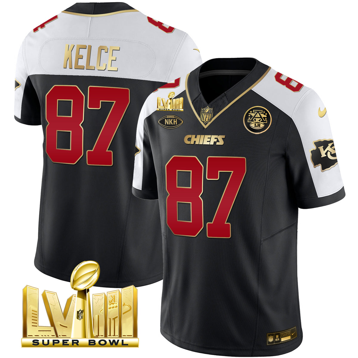 Men's Chiefs Super Bowl LVIII Gold Patch Vapor Jersey V2 - All Stitched - Black Alternate - Travis Kelce — view 1