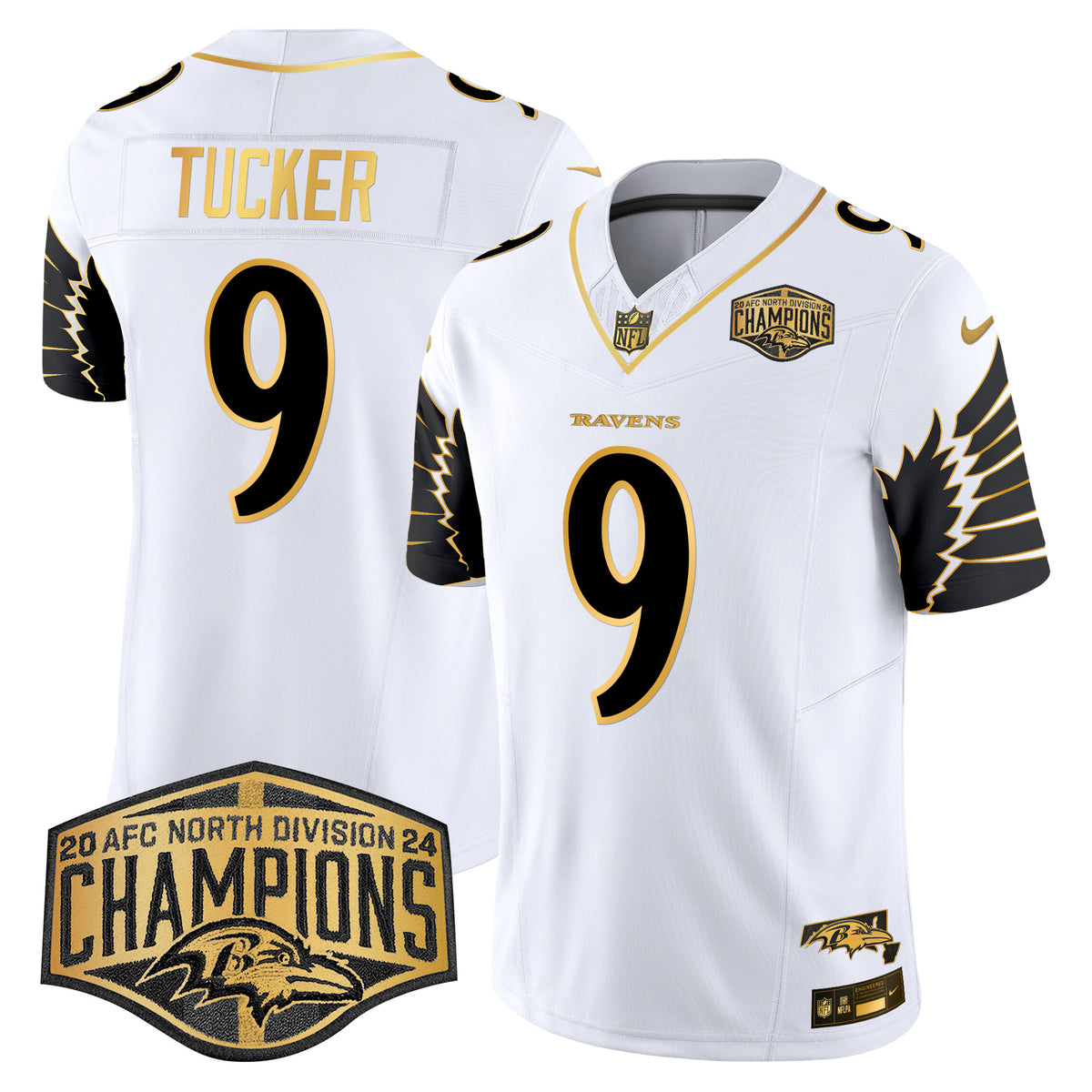 Men's Ravens Maryland 2024 AFC North Division Champions Patch Gold Vapor Limited Jersey - All Stitched - White Gold - Justin Tucker — view 1