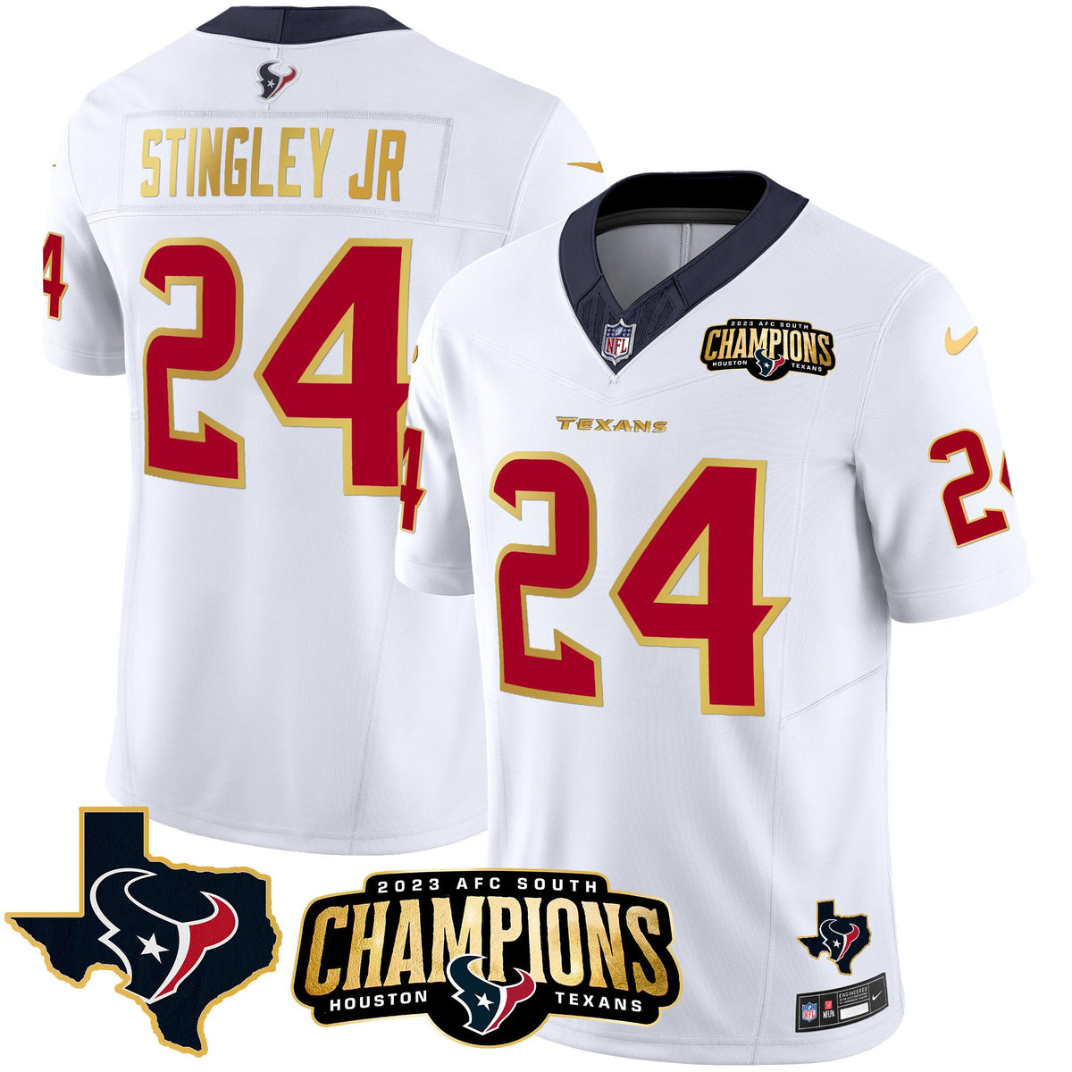 Men's Houston Texans 2023 AFC South Champions Patch Gold Trim Vapor Jersey - All Stitched - White - Derek Stingley Jr — view 1
