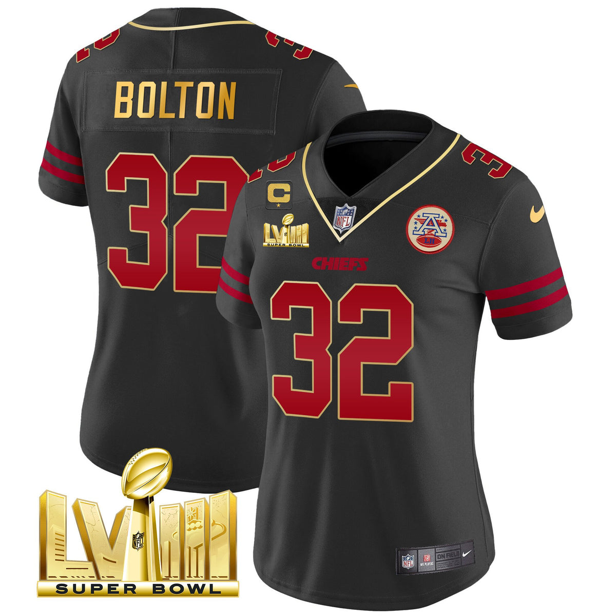 Women's Chiefs Super Bowl LVIII Gold Patch Vapor Jersey - All Stitched - Gold Trim - Nick Bolton — view 1
