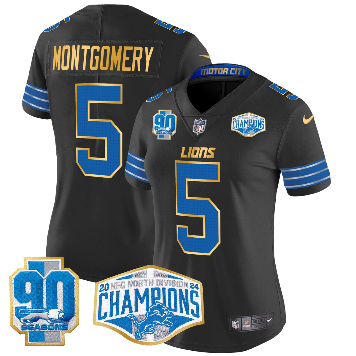 Women's Detroit Lions 2024 NFC North Division Champions Patch Gold Trim Vapor Limited Jersey - All Stitched - Black - David Montgomery — view 1