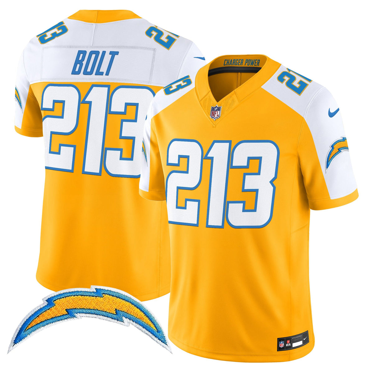 Men's Los Angeles Chargers 2025 Alternate Charger Power Vapor Limited Jersey - All Stitched - Gold Alternate - Bolt 213 — view 1