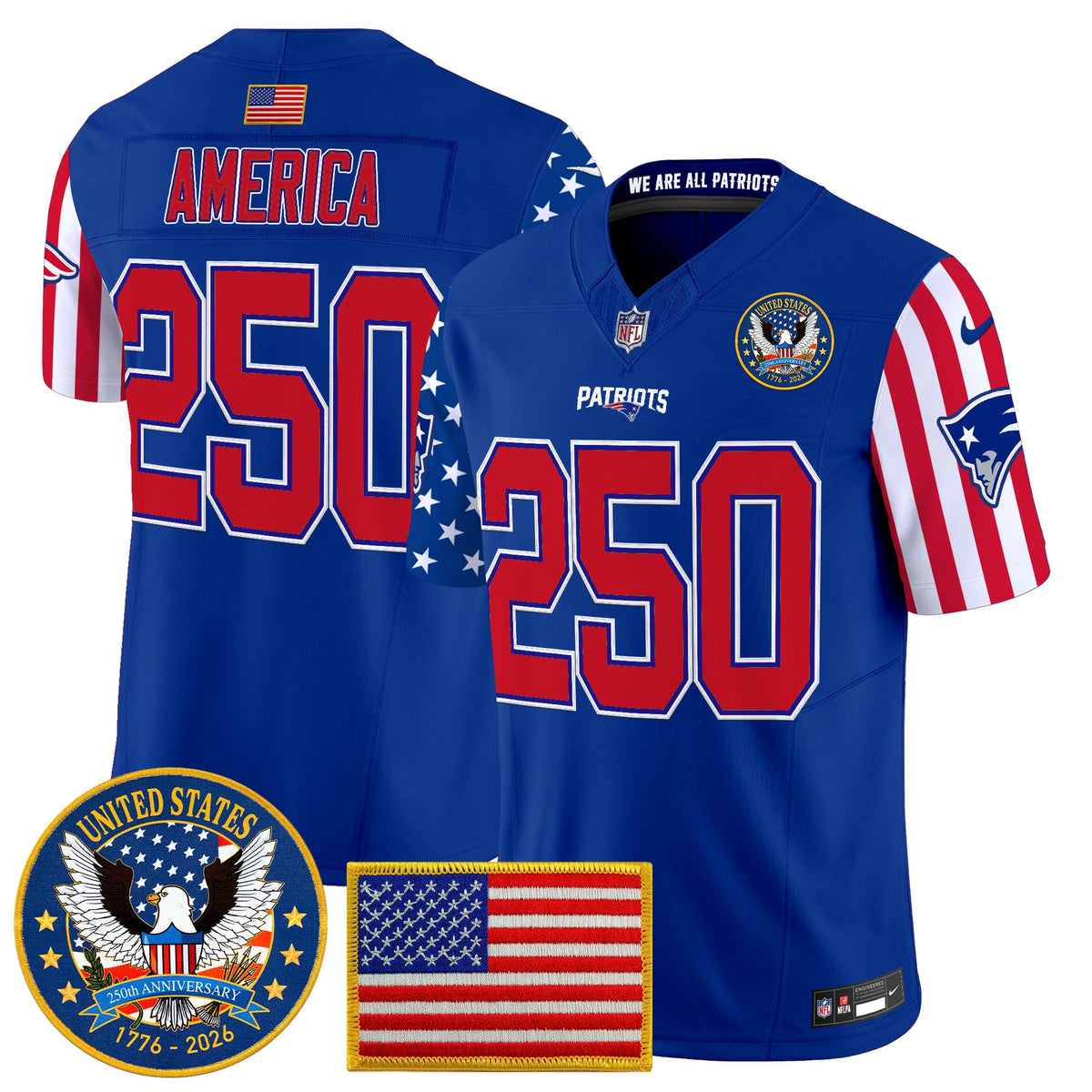 Men's New England Patriots America250 Edition Vapor Limited Jersey - All Stitched - Royal - #250 America — view 1