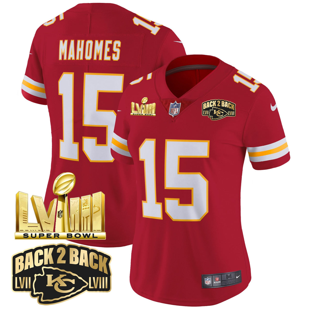 Women's Chiefs Super Bowl LVIII & Back 2 Back Gold Patch Vapor Jersey - All Stitched - Red - Patrick Mahomes — view 1