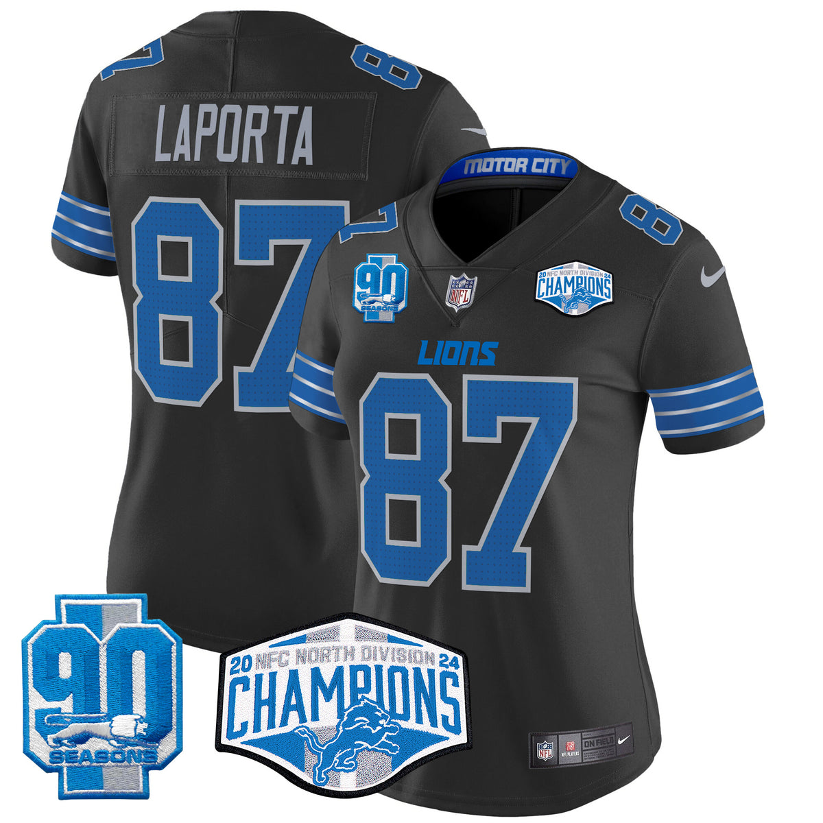 Women's Detroit Lions 2024 NFC North Division Champions Patch Vapor Limited Jersey - All Stitched - Black - Sam Laporta — view 1