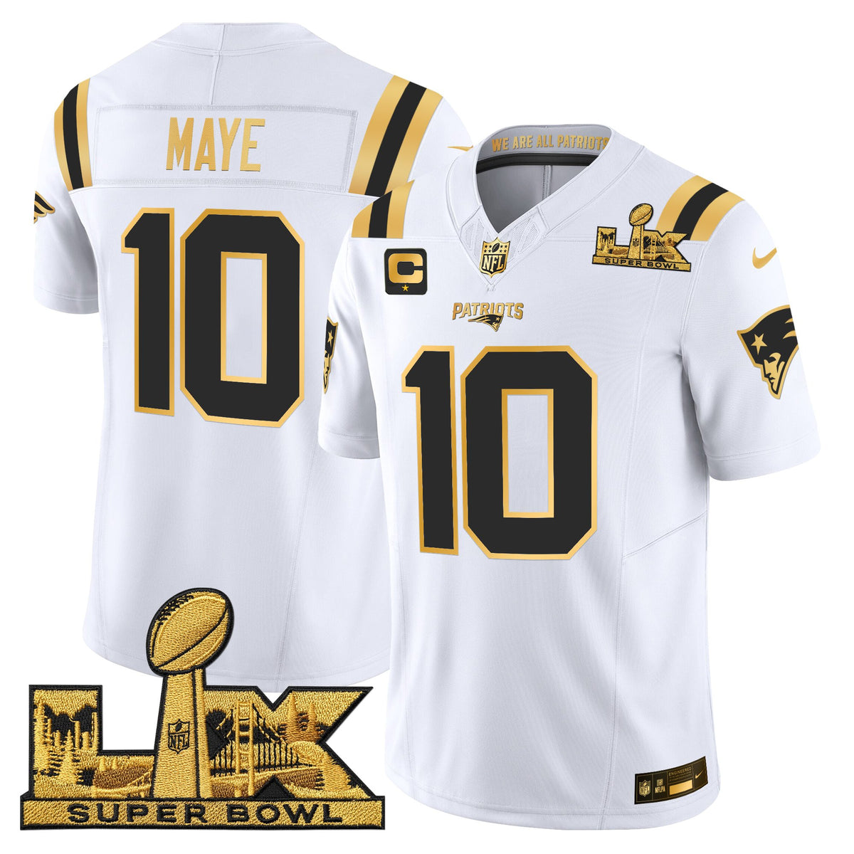 Men's New England Patriots Super Bowl LX Gold Vapor Limited Jersey - All Stitched - White Gold - Drake Maye — view 1