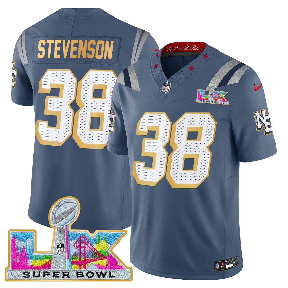 Men's New England Patriots Super Bowl LX Gold Trim Vapor Limited Jersey - All Stitched - Storm Blue - Rhamondre Stevenson — view 1