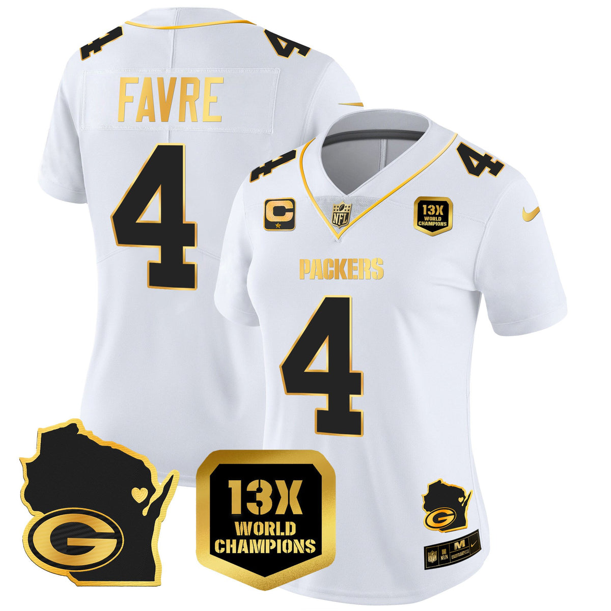 Women's Packers 13 Time World Champions & Home Patch Gold Vapor Jersey V2 – All Stitched - White Gold - Brett Favre — view 1