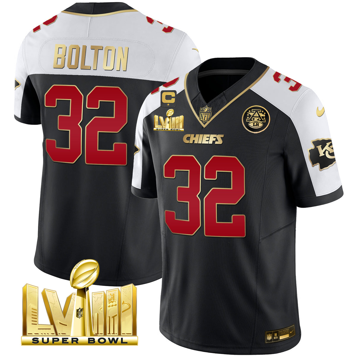 Men's Chiefs Super Bowl LVIII Gold Patch Vapor Jersey - All Stitched - Black Alternate - Nick Bolton — view 1