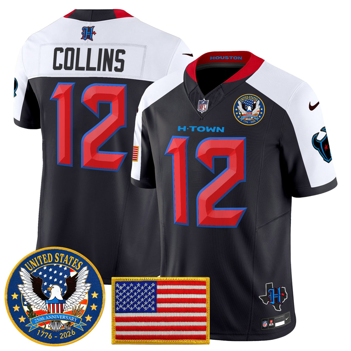 Men's Houston Texans United States 250th Anniversary Patch Vapor Limited Jersey - All Stitched - Navy Alternate - Nico Collins — view 1