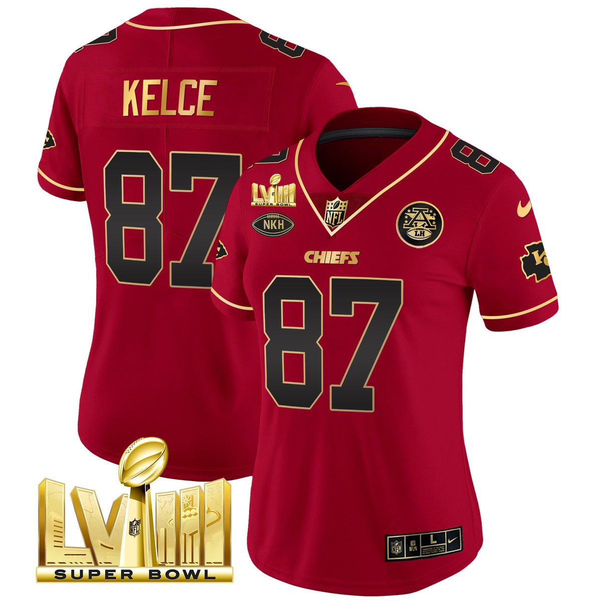 Women's Chiefs Super Bowl LVIII Gold Patch Vapor Jersey V2- All Stitched - Red Special - Travis Kelce — view 1
