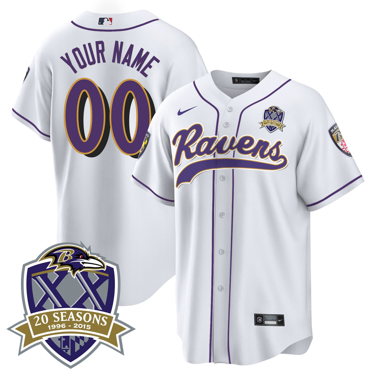 Ravens 20th Season Patch Baseball Custom Jersey - All Stitched - White — view 1