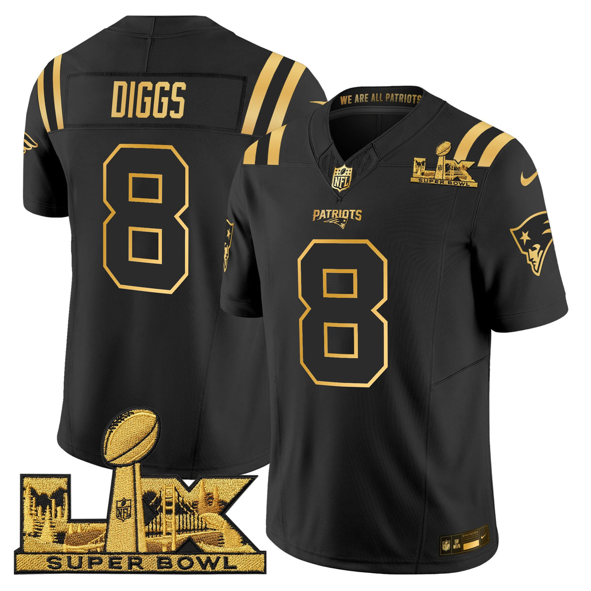 Men's New England Patriots Super Bowl LX Gold Vapor Limited Jersey - All Stitched - Black Gold - Stefon Diggs — view 1