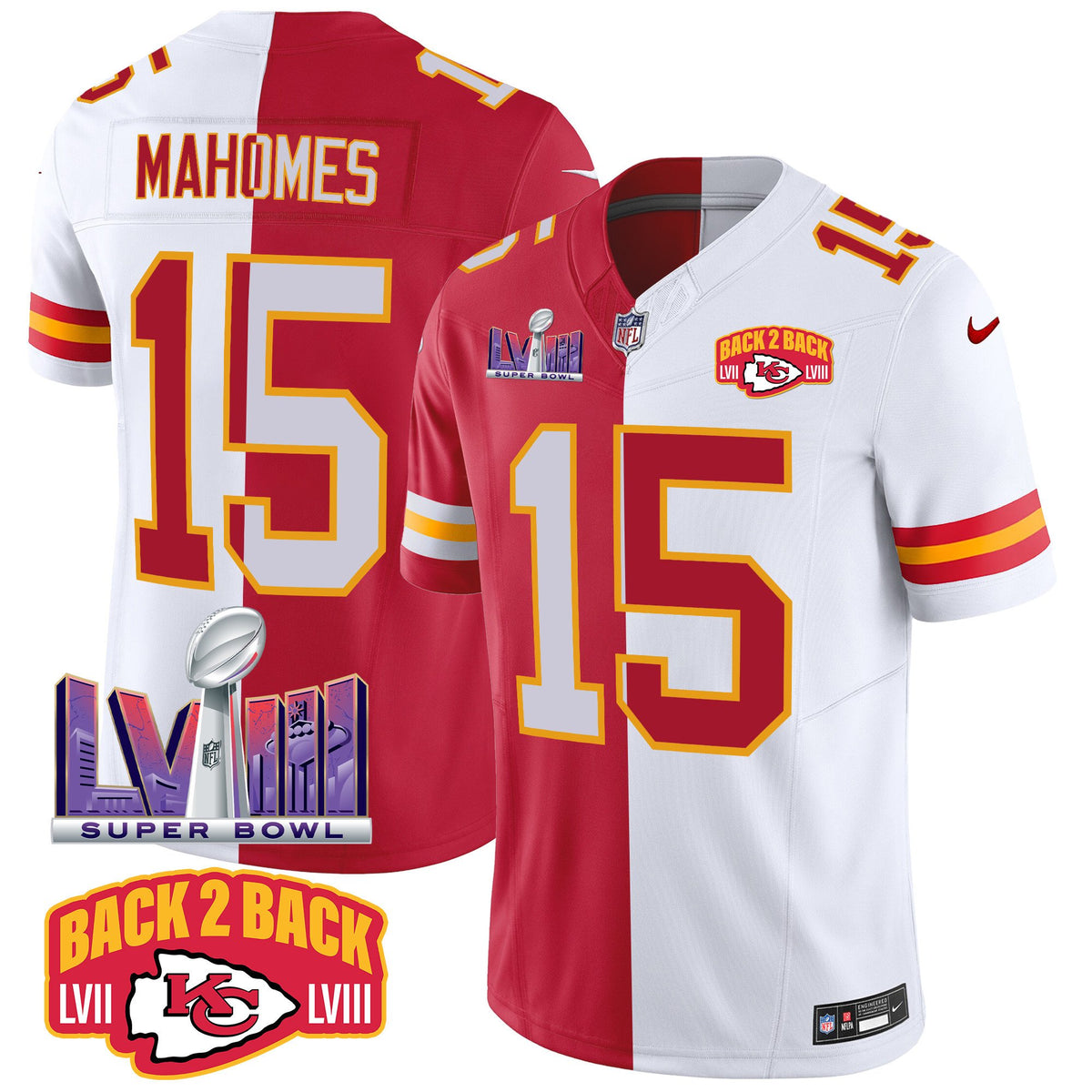 Men's Chiefs Super Bowl LVIII & Back 2 Back Patch Vapor Jersey V2 - All Stitched - Split - Patrick Mahomes — view 1
