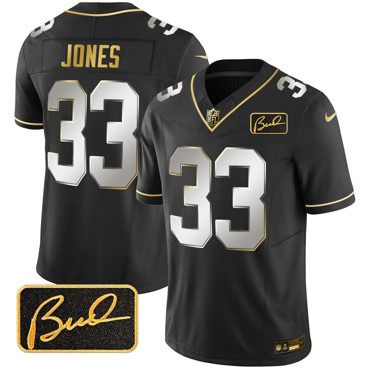 Men's Vikings Bud Grant Patch Gold Limited Jersey V2 - All Stitched - Black Limited - Aaron Jones — view 1