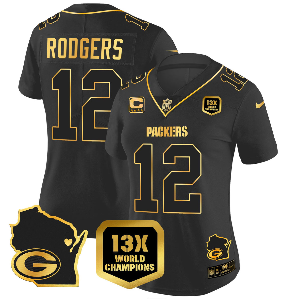 Women's Packers 13 Time World Champions & Home Patch Gold Vapor Jersey V2 – All Stitched - Black Gold - Aaron Rodgers — view 1
