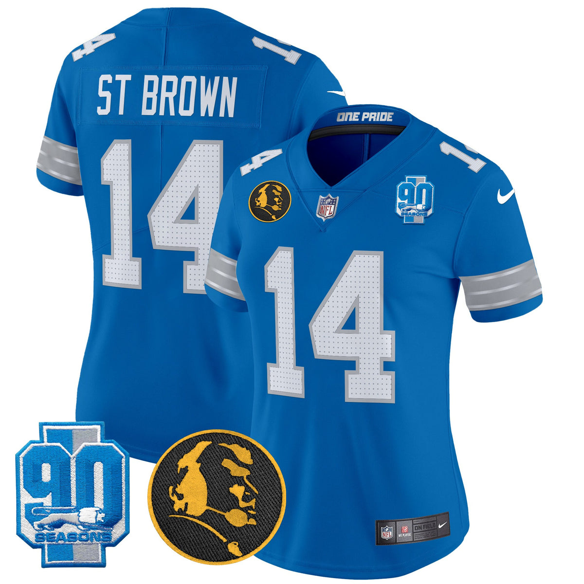 Women's Detroit Lions 2024 90th & John Madden Patch Vapor Limited Jersey - All Stitched - Blue - St. Brown — view 1