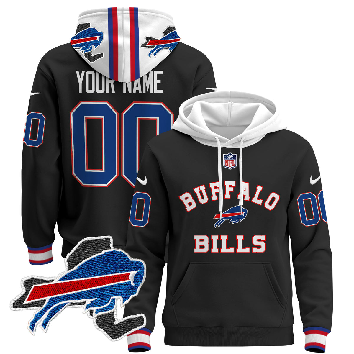 Buffalo Bills 2024 Custom Pullover Hoodie V4 - All Stitched - Black — view 1