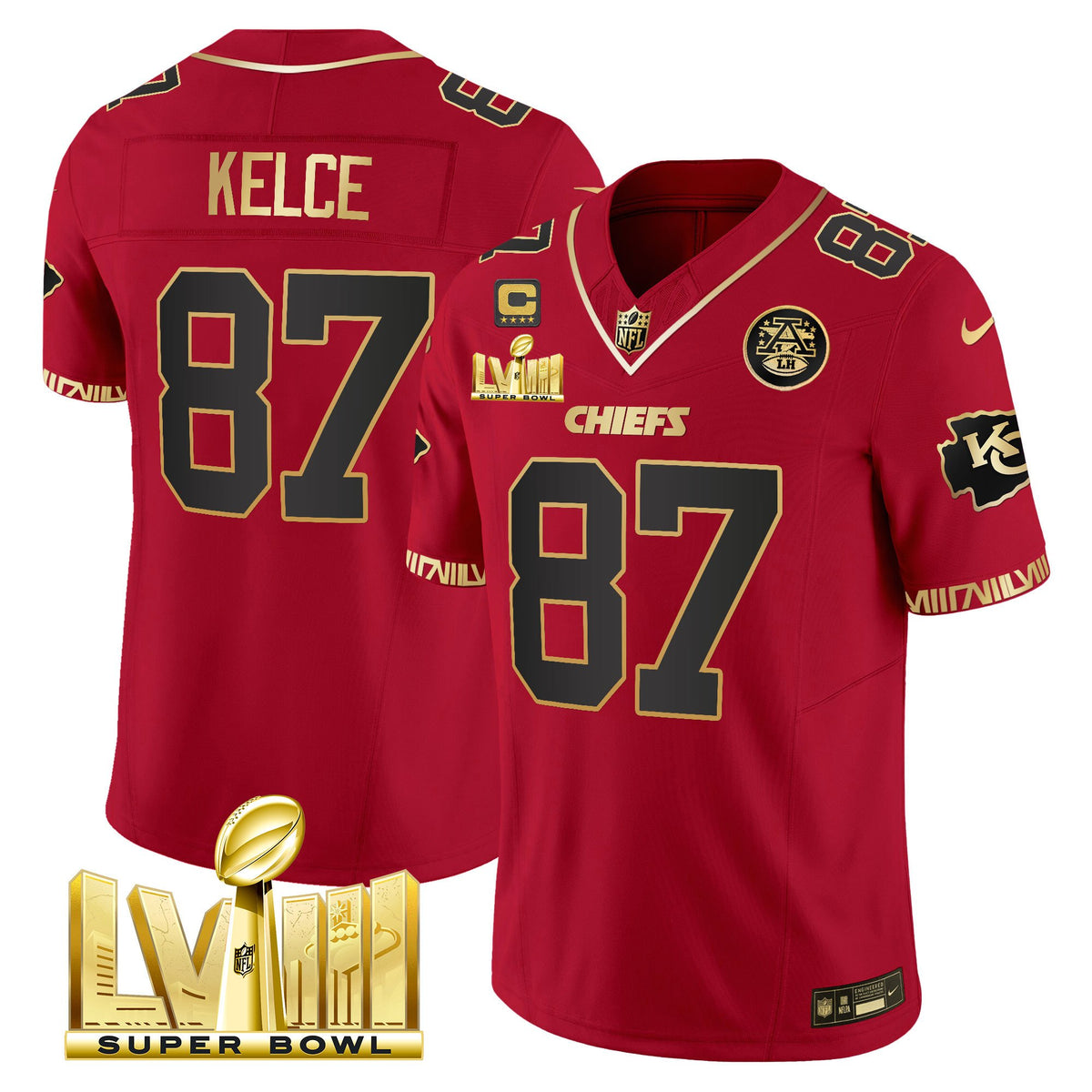 Men's Chiefs Super Bowl LVIII Pattern Gold Vapor Jersey - All Stitched - Red Gold - Travis Kelce — view 1