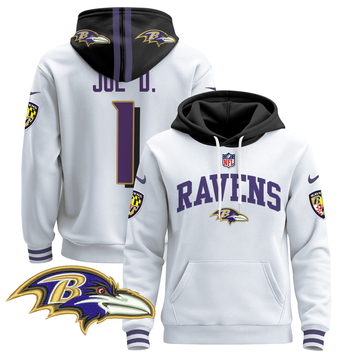 Men's Baltimore Ravens 2024 Pullover Hoodie V2 - All Stitched - White - Joe D — view 1