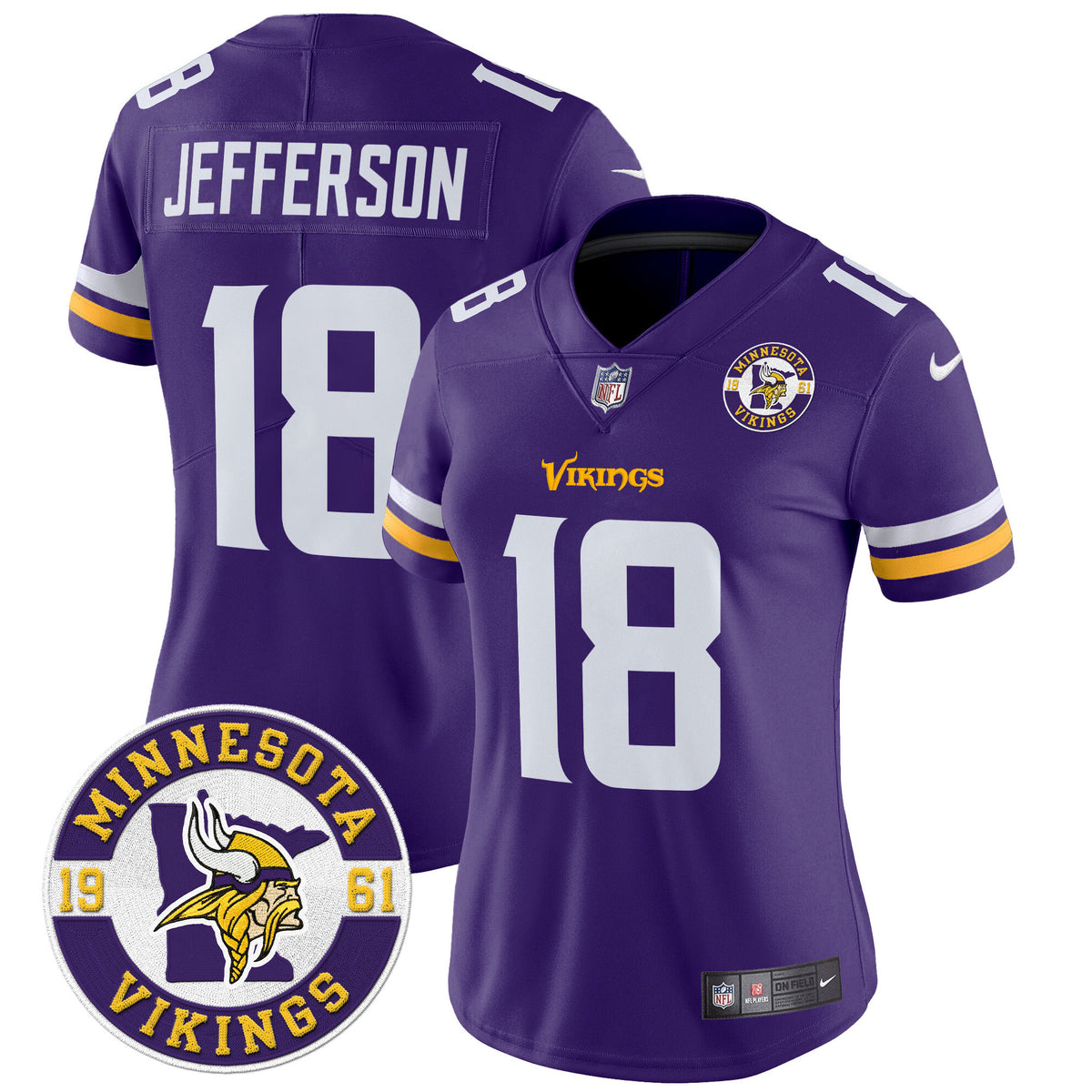 Women's Minnesota Vikings 2024 Vapor Limited Jersey V2 - Est. 1961 Patch - All Stitched - Purple - Justin Jefferson — view 1