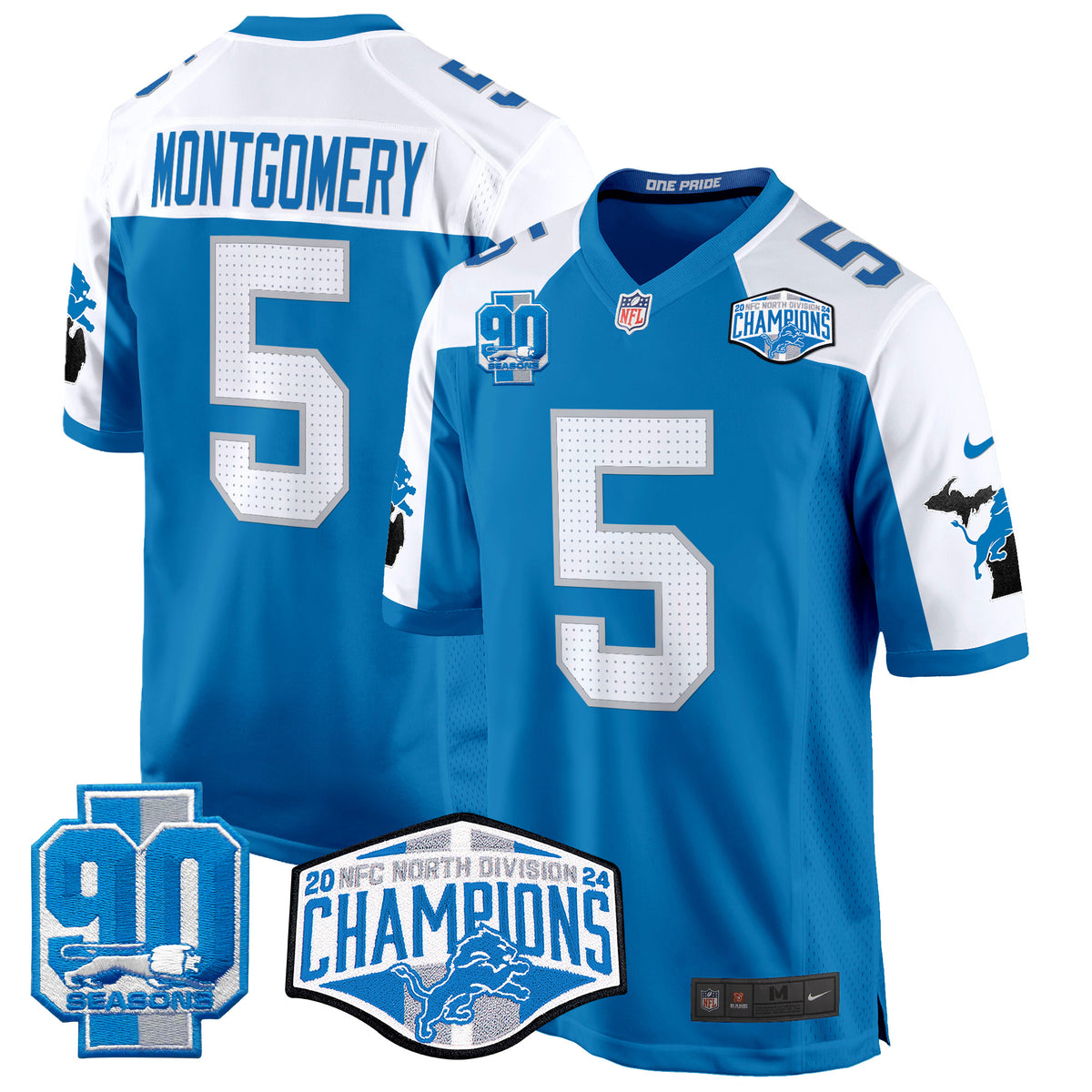 Men's Detroit Lions 2024 NFC North Division Champions Patch Game Jersey - All Stitched - Blue Alternate - David Montgomery — view 1