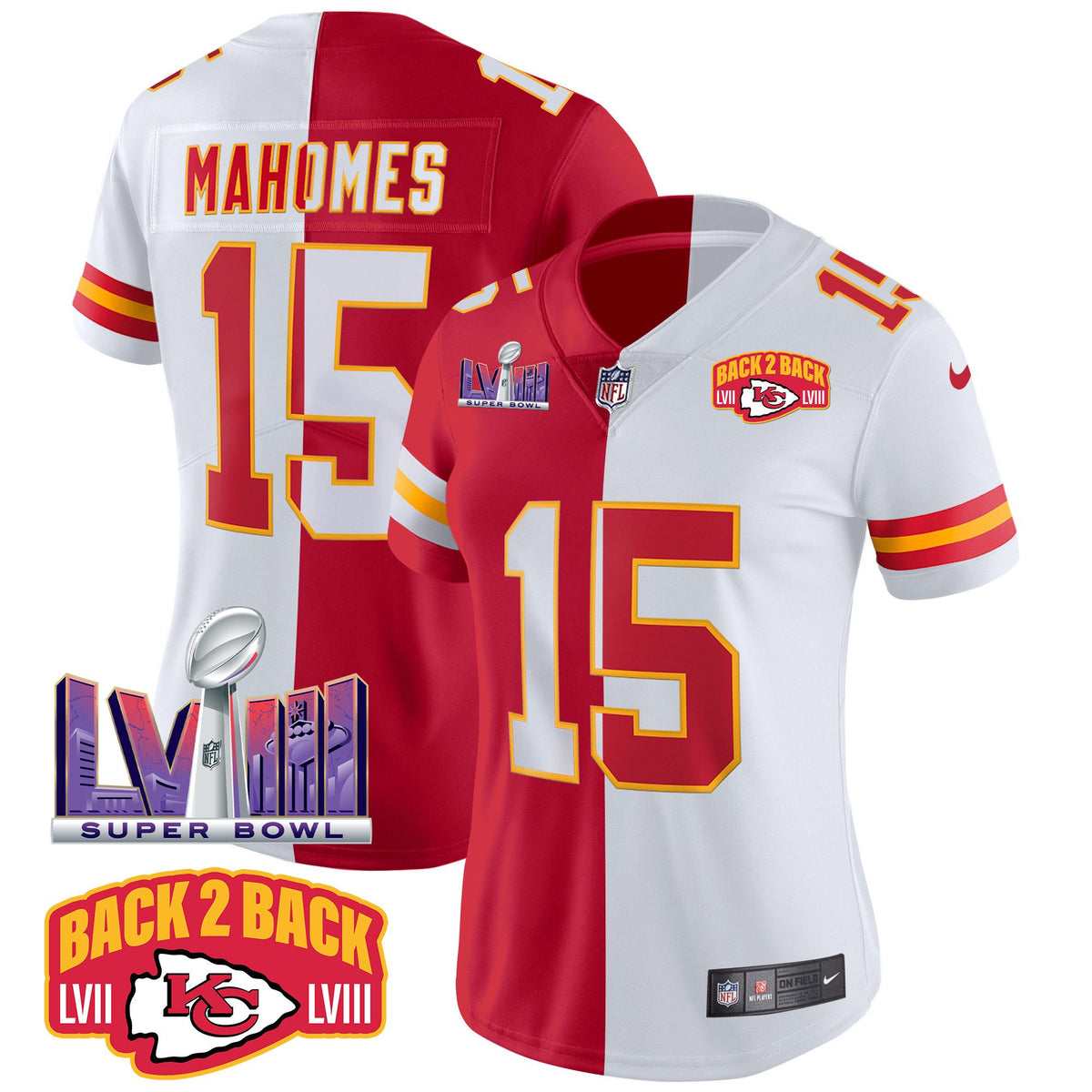 Women's Chiefs Super Bowl LVIII & Back 2 Back Patch Vapor Jersey V2 - All Stitched - Split - Patrick Mahomes — view 1