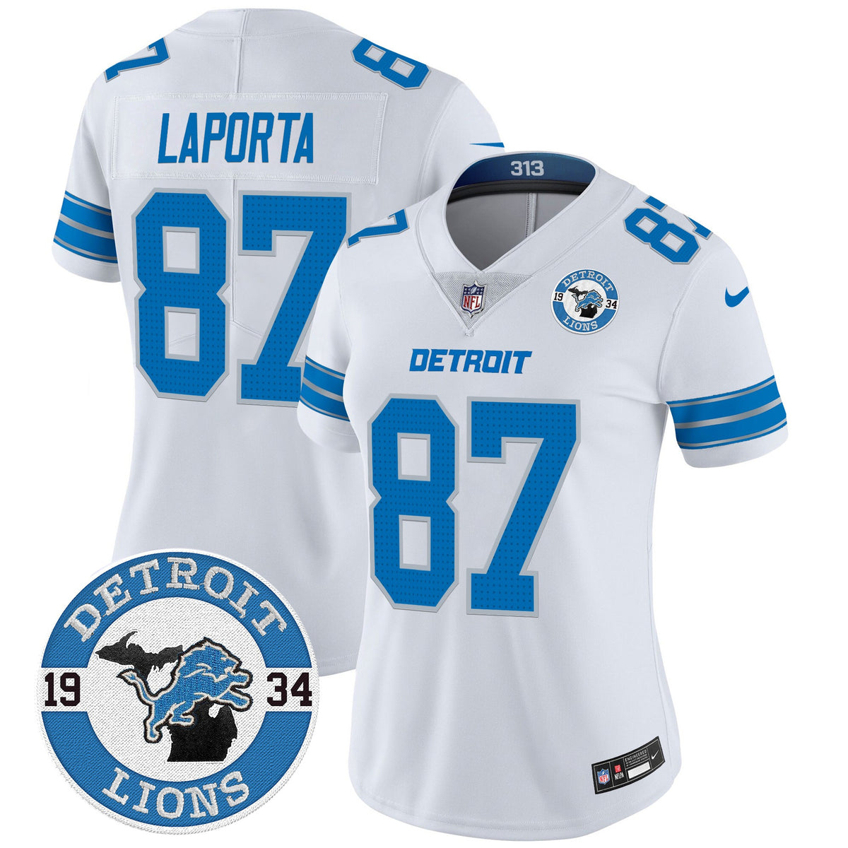 Women's Detroit Lions 2024 Vapor Limited Jersey - Est. 1934 Patch - All Stitched - White - Sam Laporta — view 1