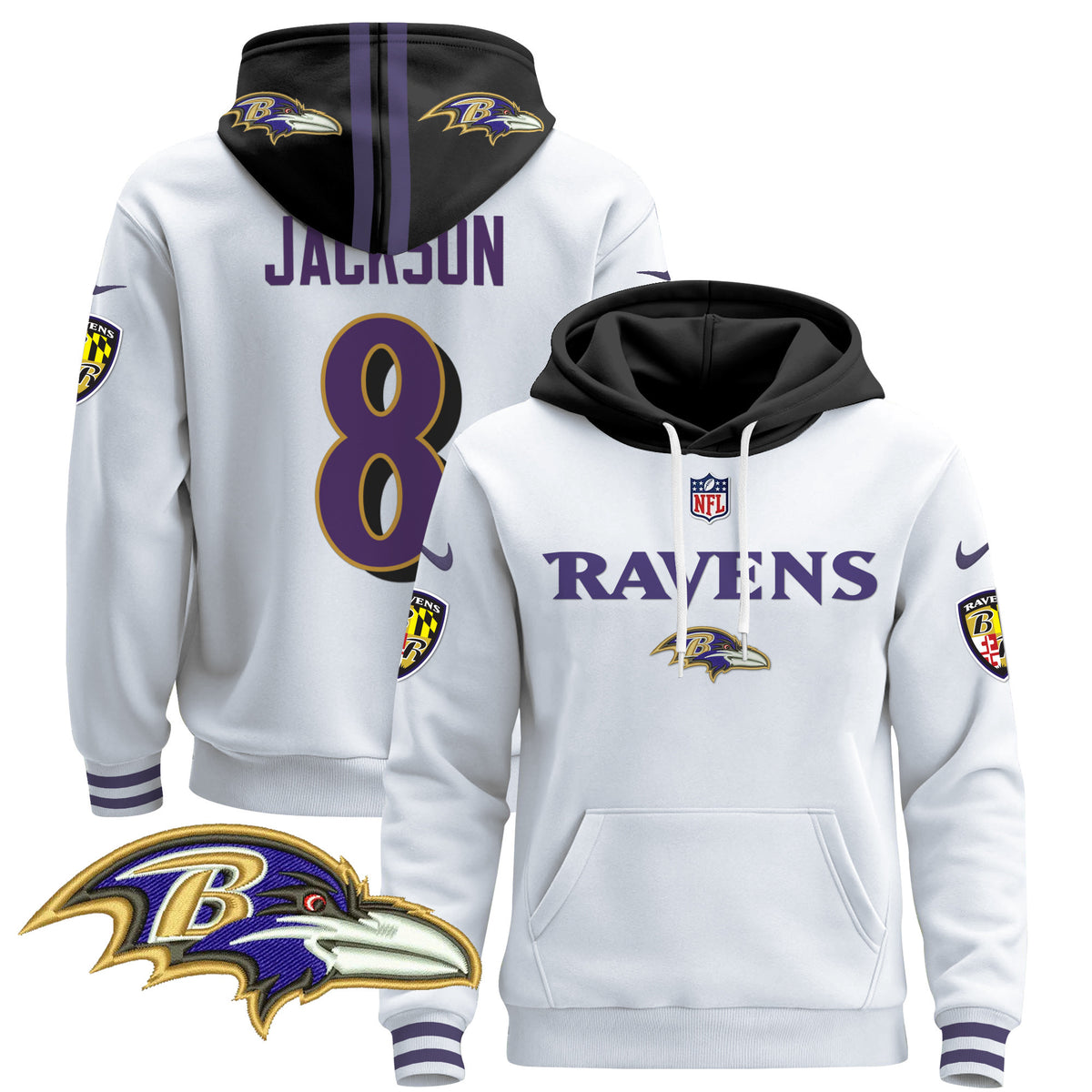 Men's Baltimore Ravens 2024 Pullover Hoodie V3 - All Stitched - White - Lamar Jackson — view 1