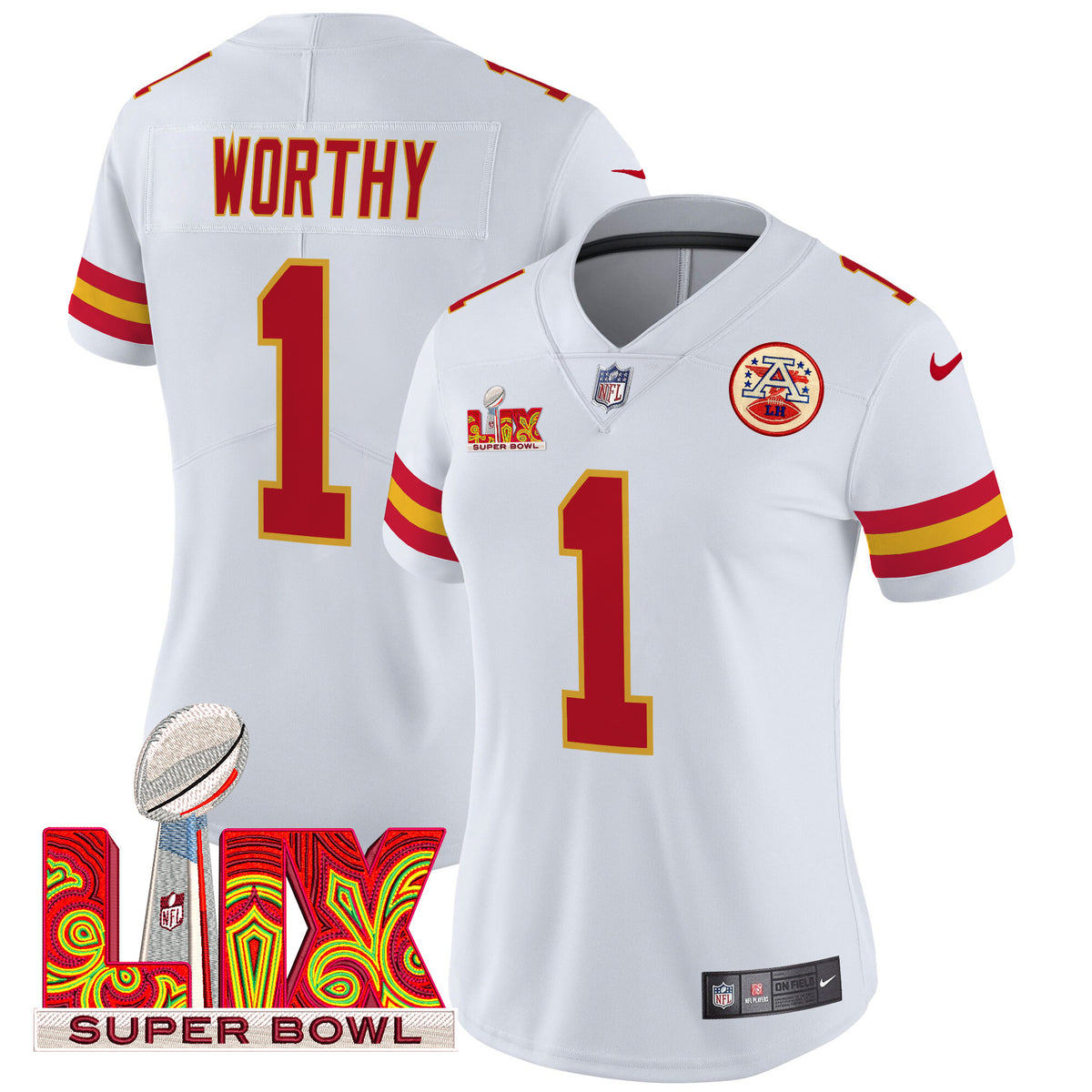 Women's Chiefs Super Bowl LIX Patch Vapor Limited Jersey - All Stitched - White - Xavier Worthy — view 1