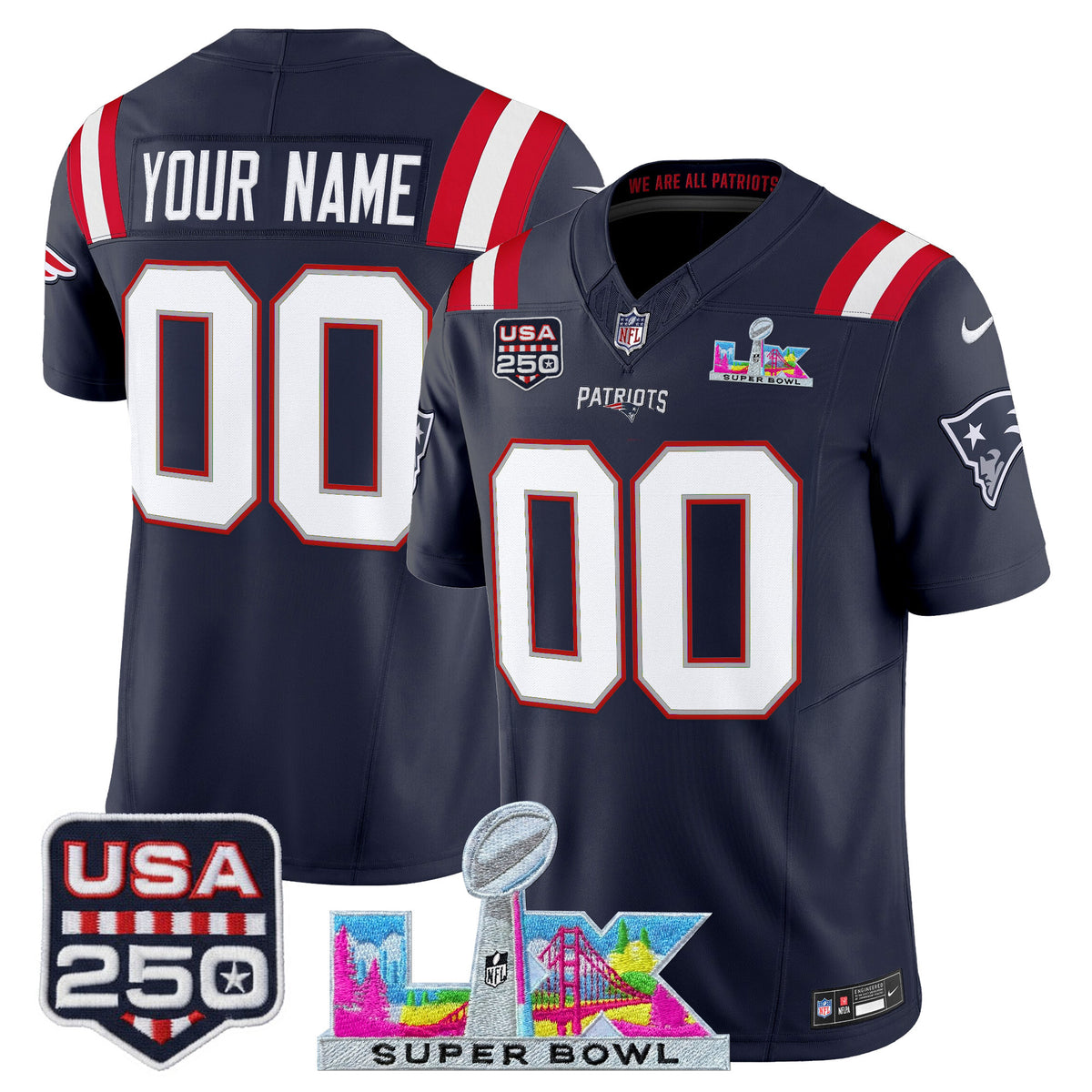 New England Patriots Super Bowl LX & United States 250th Anniversary Patch Vapor Limited Custom Jersey - All Stitched - Navy — view 1