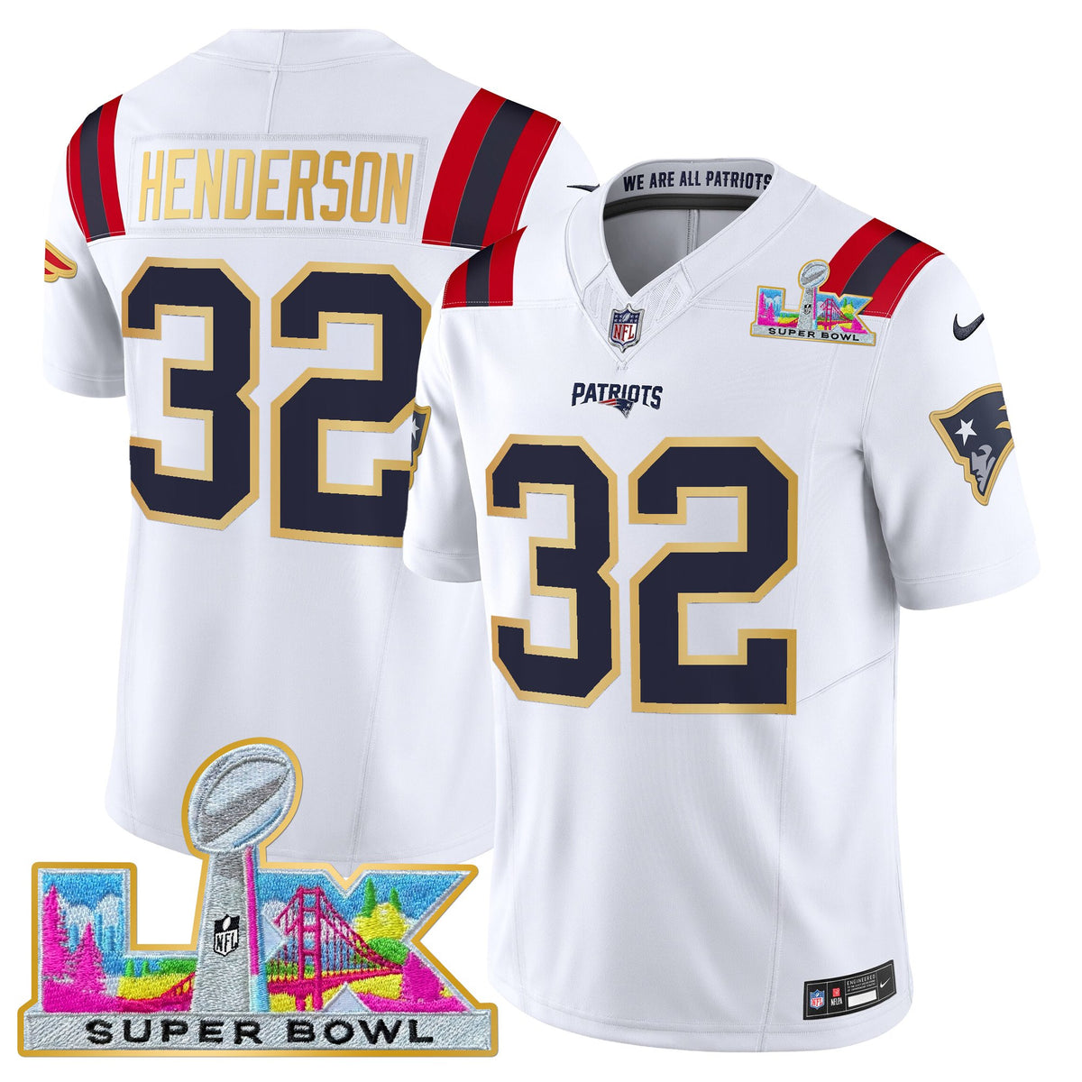 Men's New England Patriots Super Bowl LX Gold Trim Vapor Limited Jersey - All Stitched - White - TreVeyon Henderson — view 1