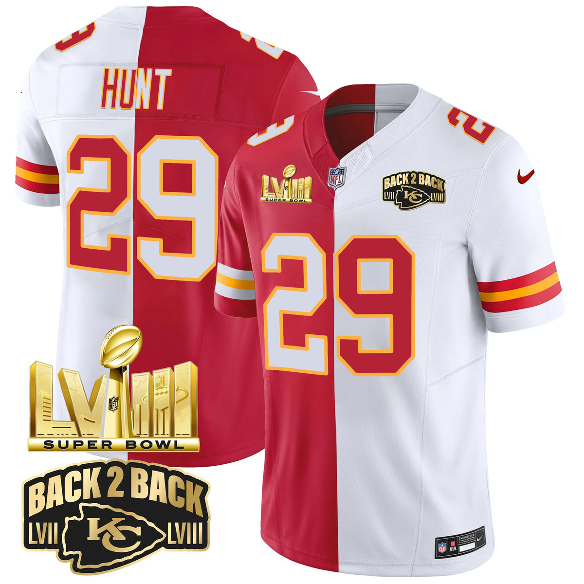 Men's Chiefs Super Bowl LVIII & Back 2 Back Gold Patch Vapor Jersey V2 - All Stitched - Split - Kareem Hunt — view 1