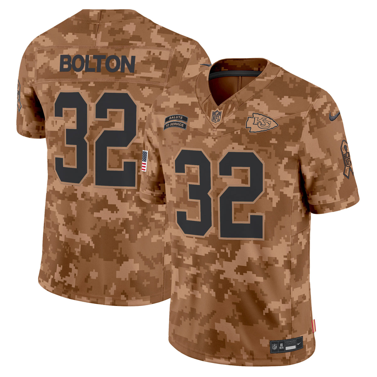 Men's Kansas City Chiefs 2024 Salute to Service Vapor Limited Jersey - All stitched - Brown Camo - Nick Bolton — view 1