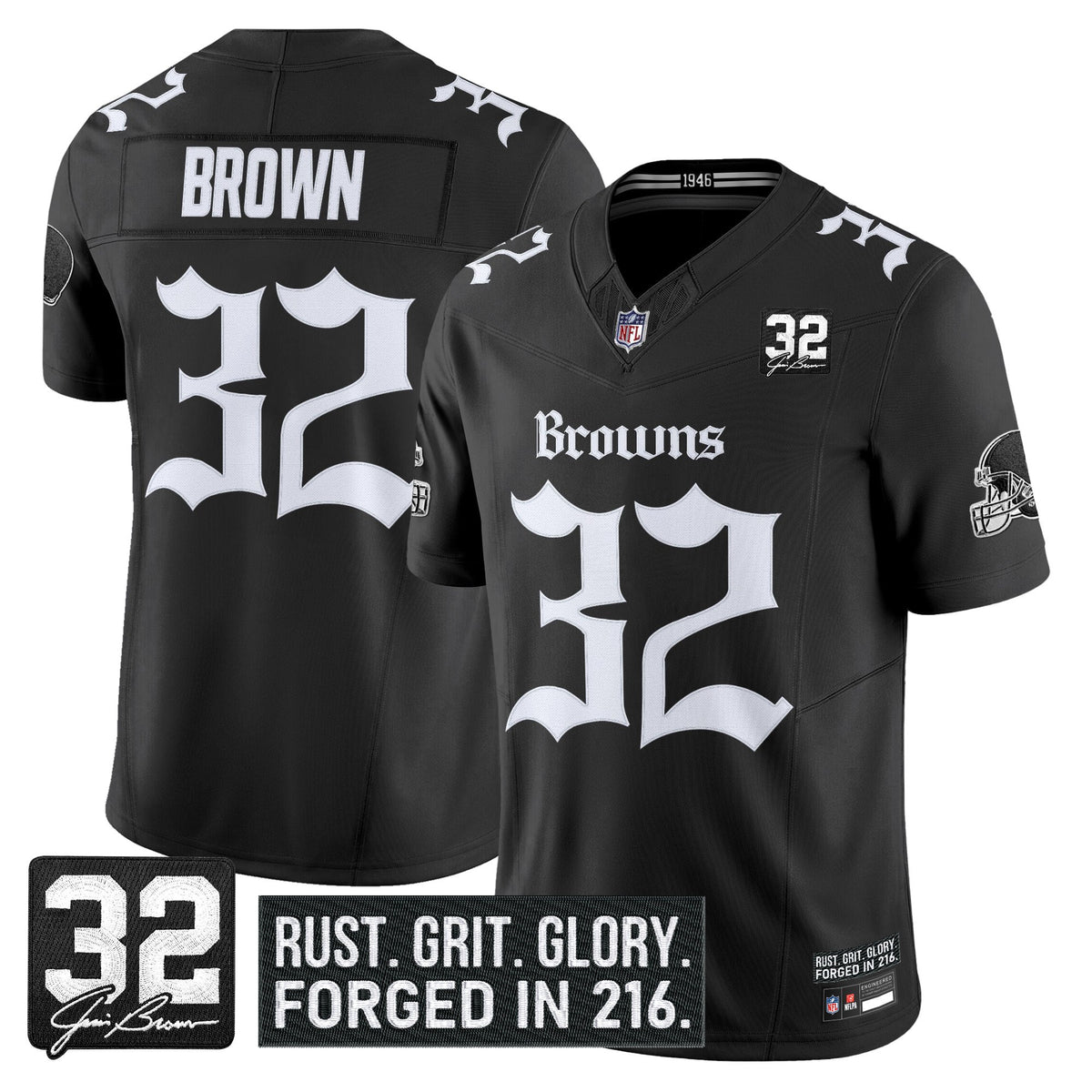 Men's Cleveland Browns 'Gothic Dawg Shadows Drop' Vapor Limited Jersey - All Stitched - Black - Jim Brown — view 1