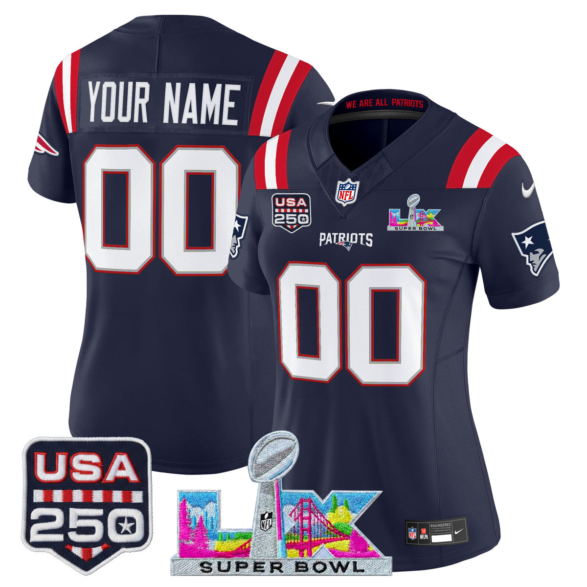 New England Patriots Super Bowl LX & United States 250th Anniversary Patch Vapor Limited Custom Jersey - All Stitched - Navy — view 1