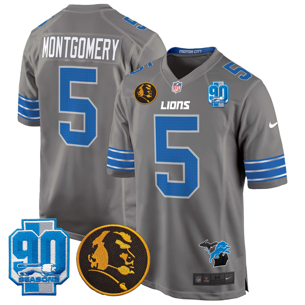 Men's Detroit Lions 2024 90th & John Madden Patch Game Jersey - All Stitched - Gray - David Montgomery — view 1