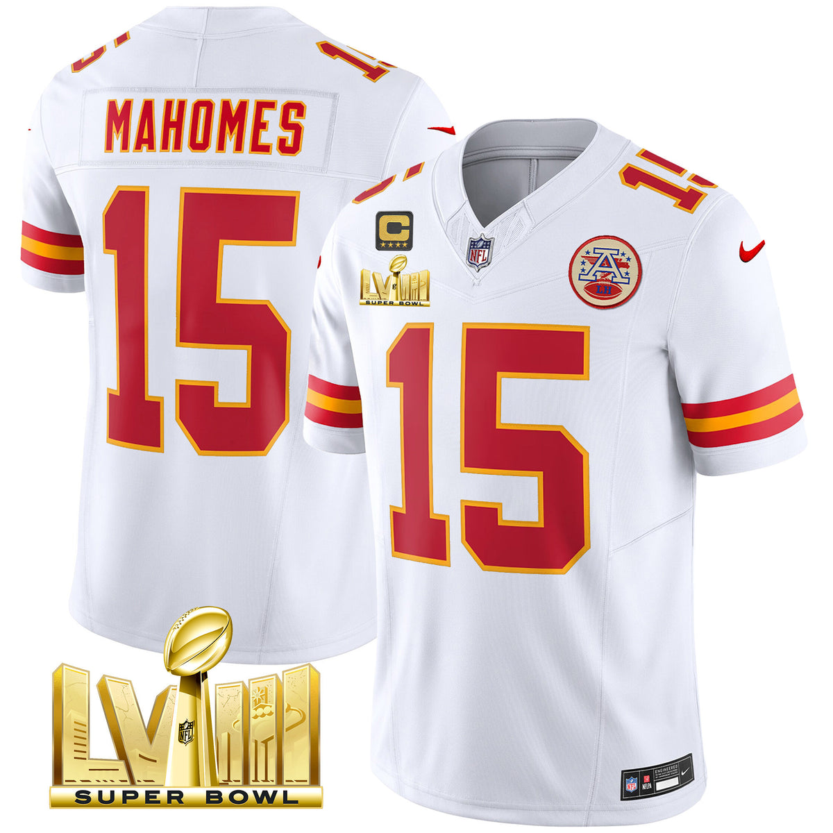Men's Chiefs Super Bowl LVIII Gold Patch Vapor Jersey - All Stitched - White - Patrick Mahomes — view 1