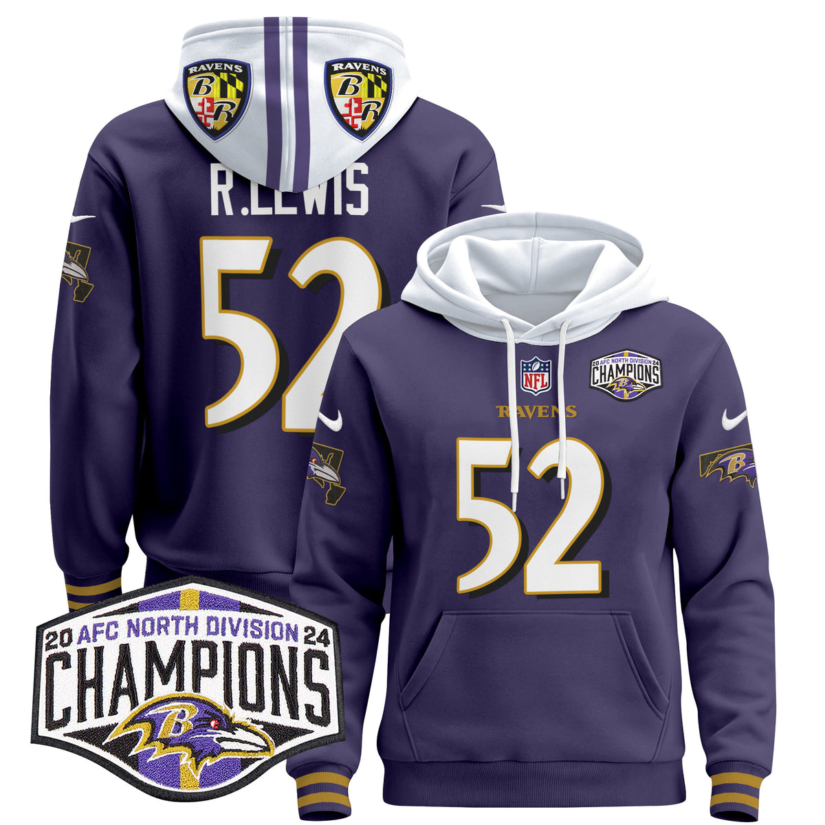 Men's Baltimore Ravens 2024 AFC North Division Champions Patch Pullover Hoodie V2 - All Stitched - Purple - Ray Lewis — view 1