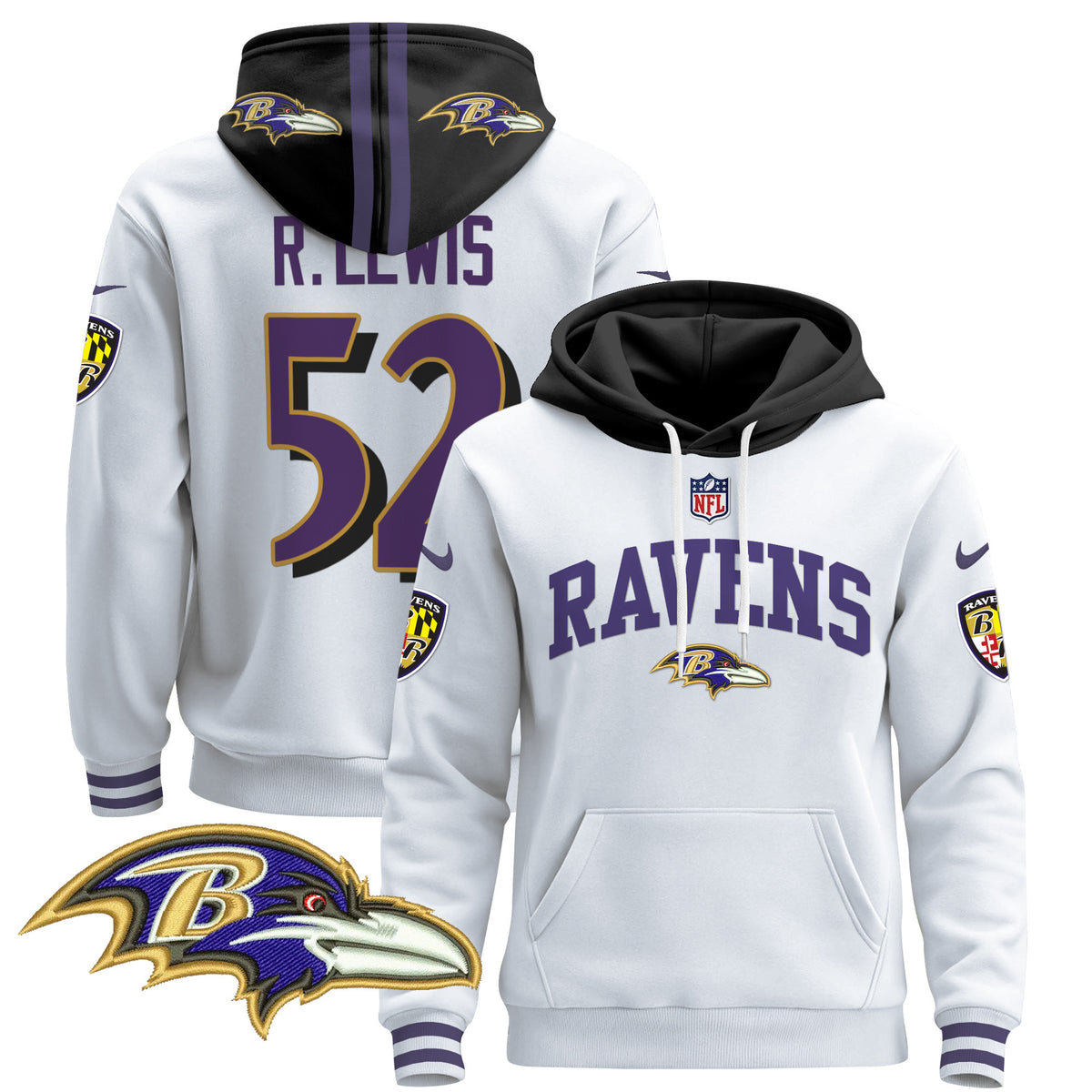 Men's Baltimore Ravens 2024 Pullover Hoodie V2 - All Stitched - White - Ray Lewis — view 1