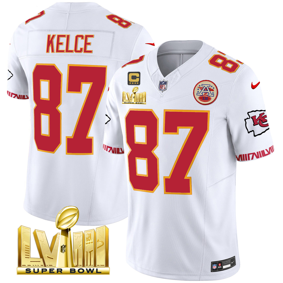 Men's Chiefs Super Bowl LVIII Pattern Gold Vapor Jersey V2 - All Stitched - White - Travis Kelce — view 1