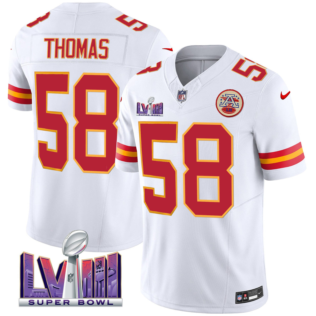 Men's Chiefs Super Bowl LVIII Patch Vapor Jersey - All Stitched - White - Derrick Thomas — view 1