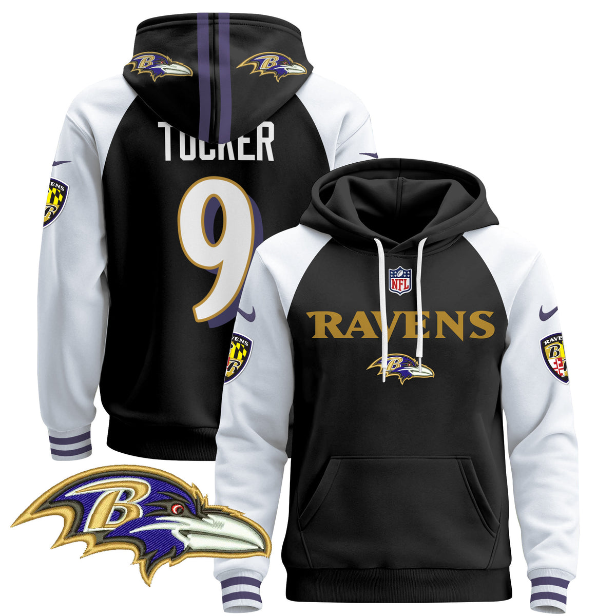 Men's Baltimore Ravens 2024 Pullover Hoodie V3 - All Stitched - Black Alternate - Justin Tucker — view 1