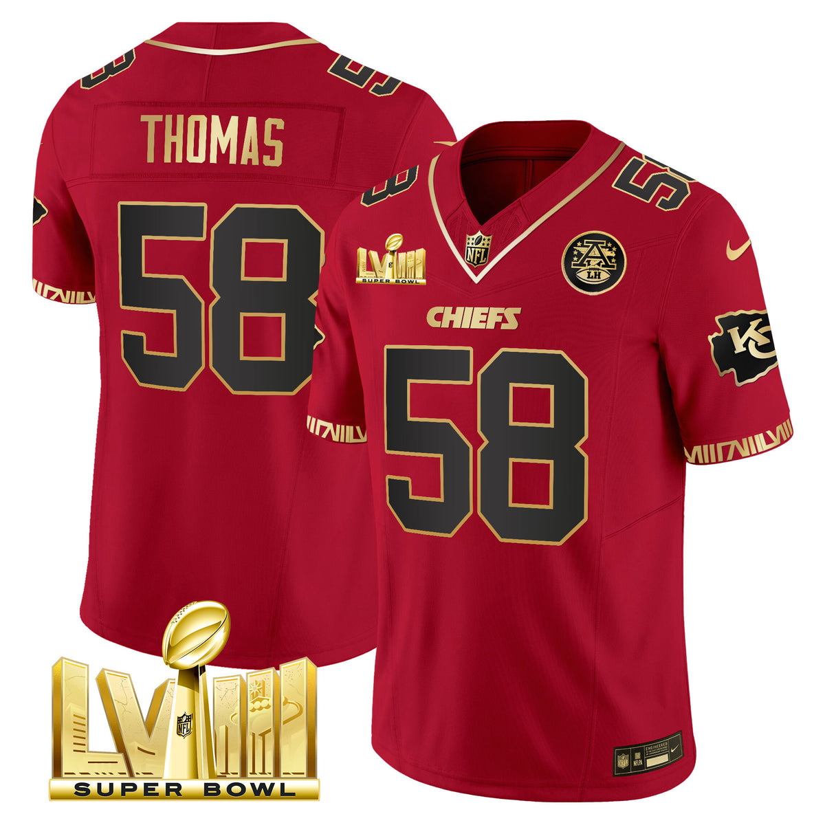 Men's Chiefs Super Bowl LVIII Pattern Gold Vapor Jersey V2 - All Stitched - Red Special - Derrick Thomas — view 1