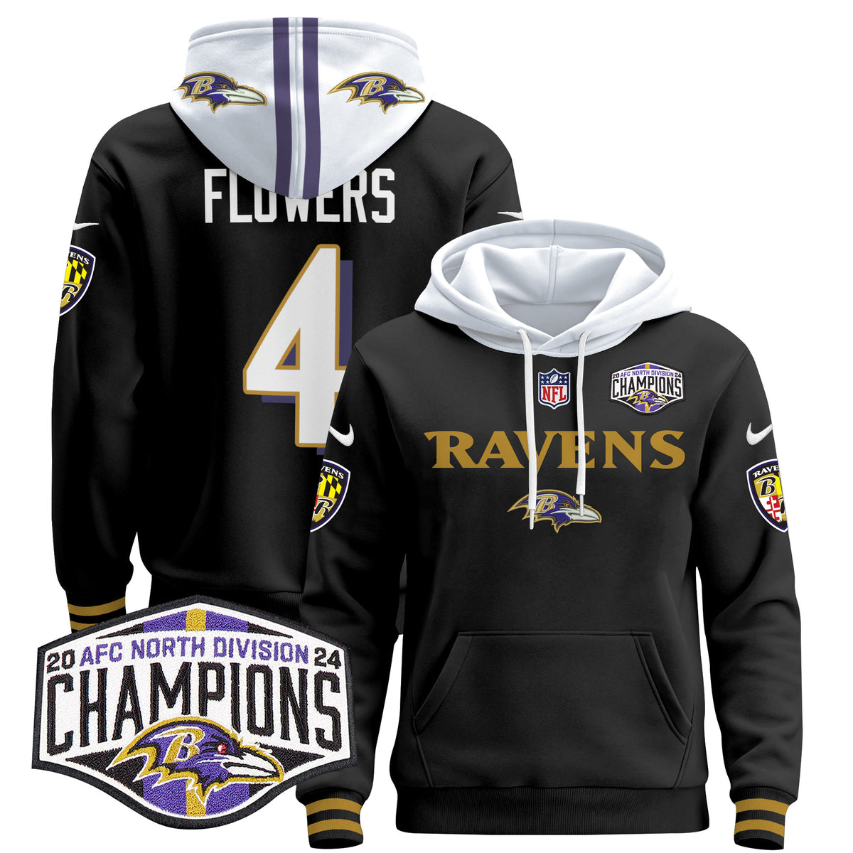 Men's Baltimore Ravens 2024 AFC North Division Champions Patch Pullover Hoodie - All Stitched - Black - Zay Flowers — view 1