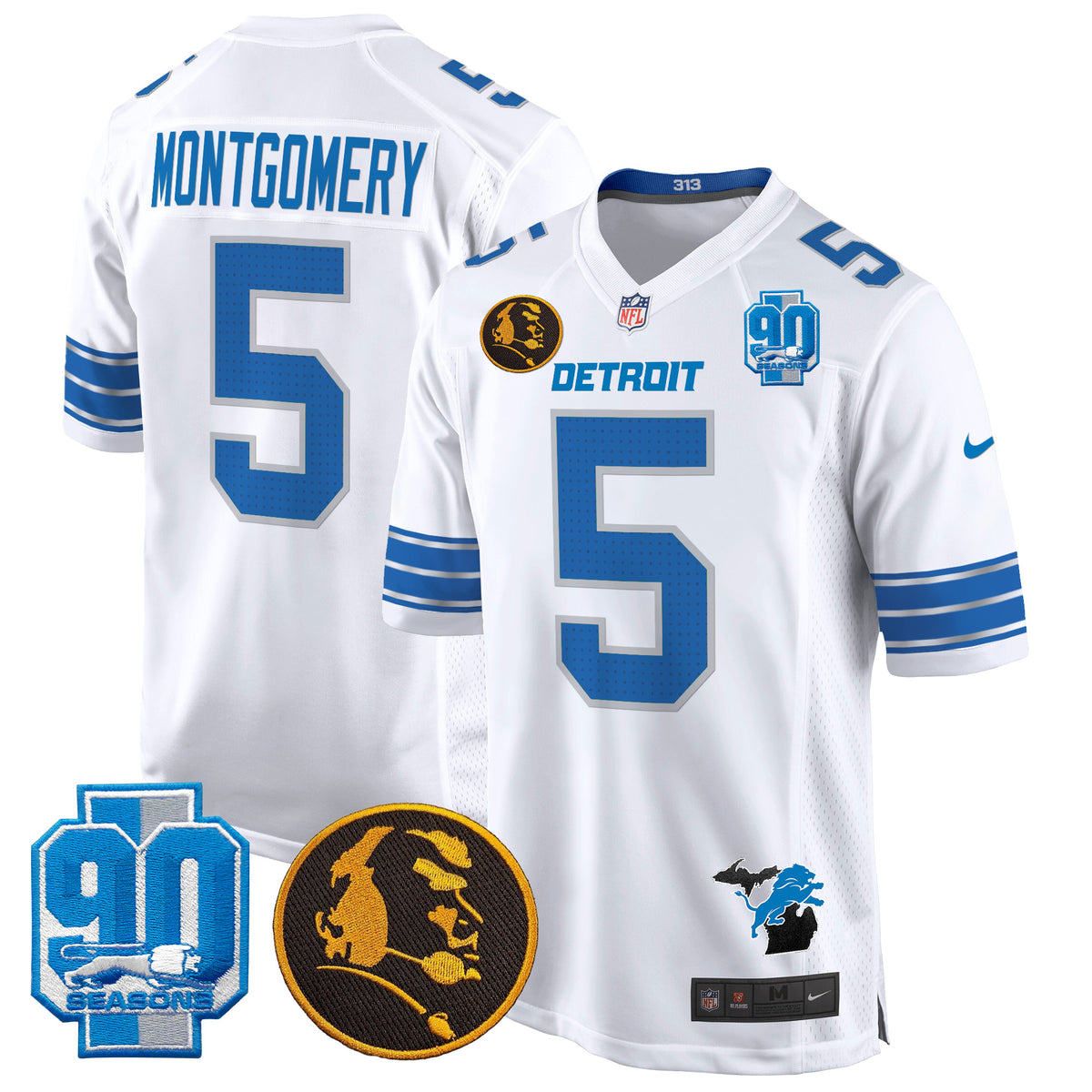 Men's Detroit Lions 2024 90th & John Madden Patch Game Jersey - All Stitched - White - David Montgomery — view 1