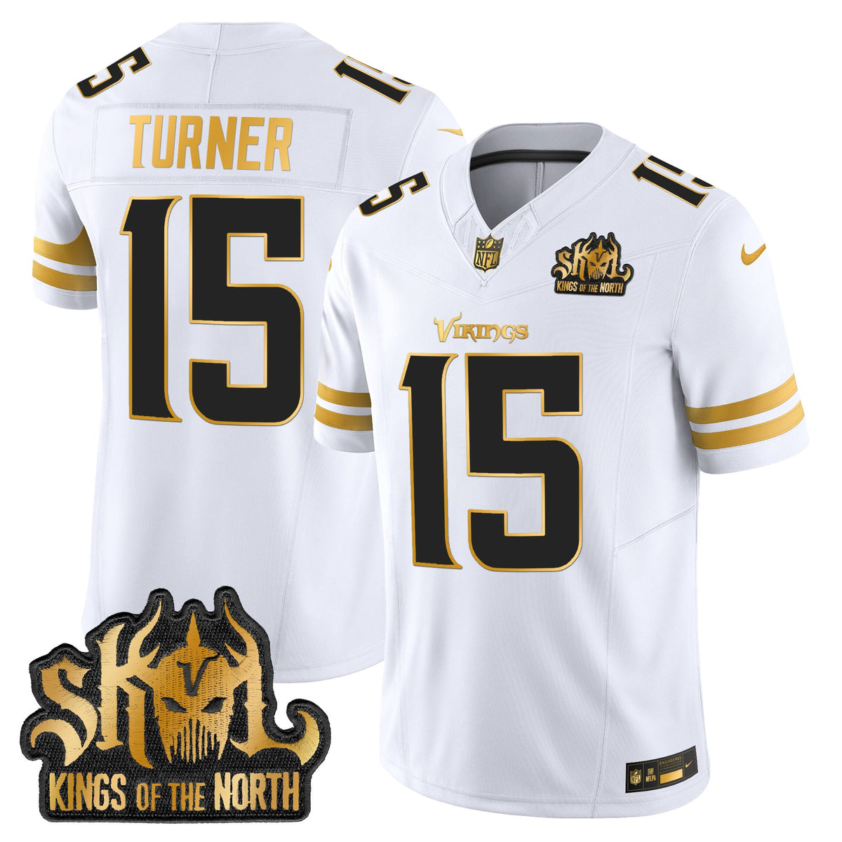 Men's Minnesota Vikings 2025 Gold Vapor Limited Jersey - Kings Of The North Patch - All Stitched - White Gold - Dallas Turner — view 1