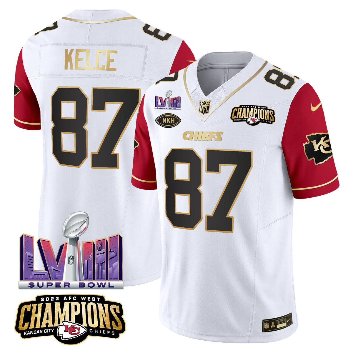 Men's Chiefs AFC West Champions & Super Bowl LVIII Patch Vapor Jersey V2 - All Stitched - Color Sleeves - Travis Kelce — view 1
