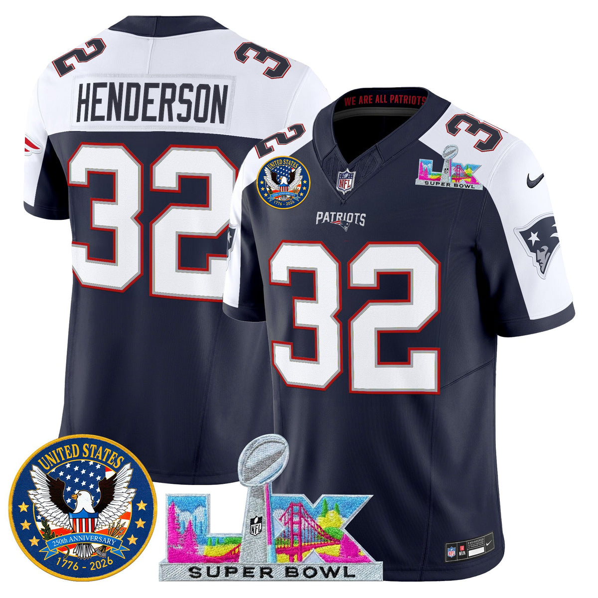 Men's New England Patriots Super Bowl LX & United States 250th Patch Vapor Limited Jersey - All Stitched - Navy Alternate - TreVeyon Henderson — view 1