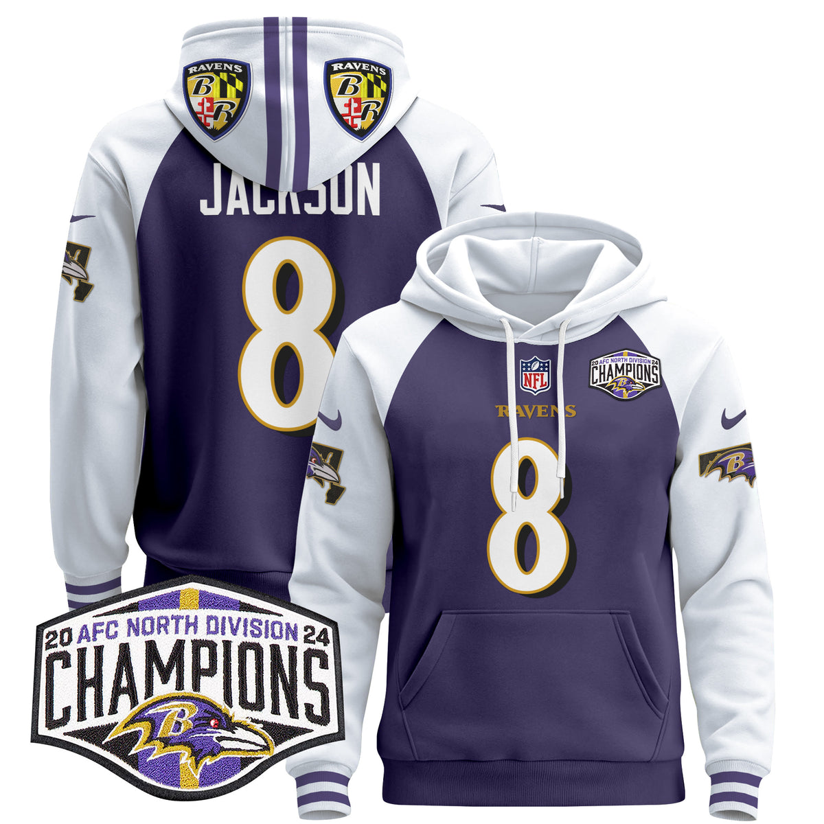 Men's Baltimore Ravens 2024 AFC North Division Champions Patch Pullover Hoodie V2 - All Stitched - Purple Alternate - Lamar Jackson — view 1